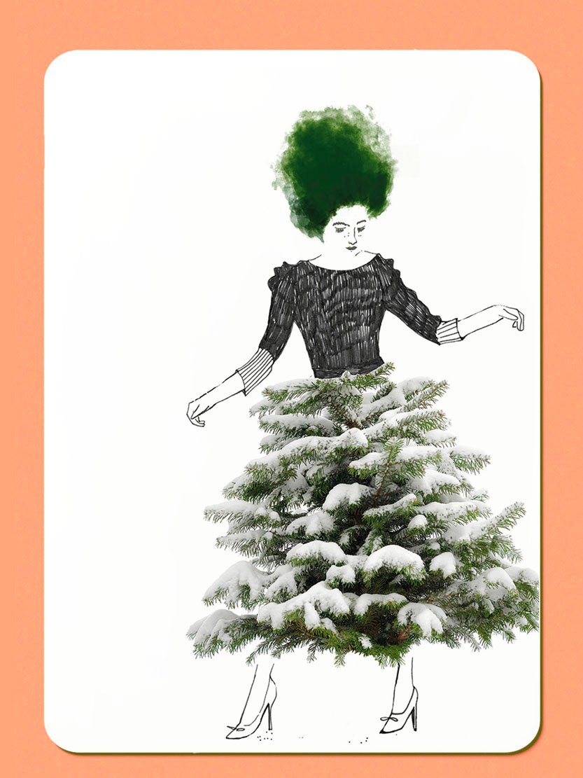 Originele kerstkaart met illustratie van vrouw en jurk van kerstboom met sneeuw