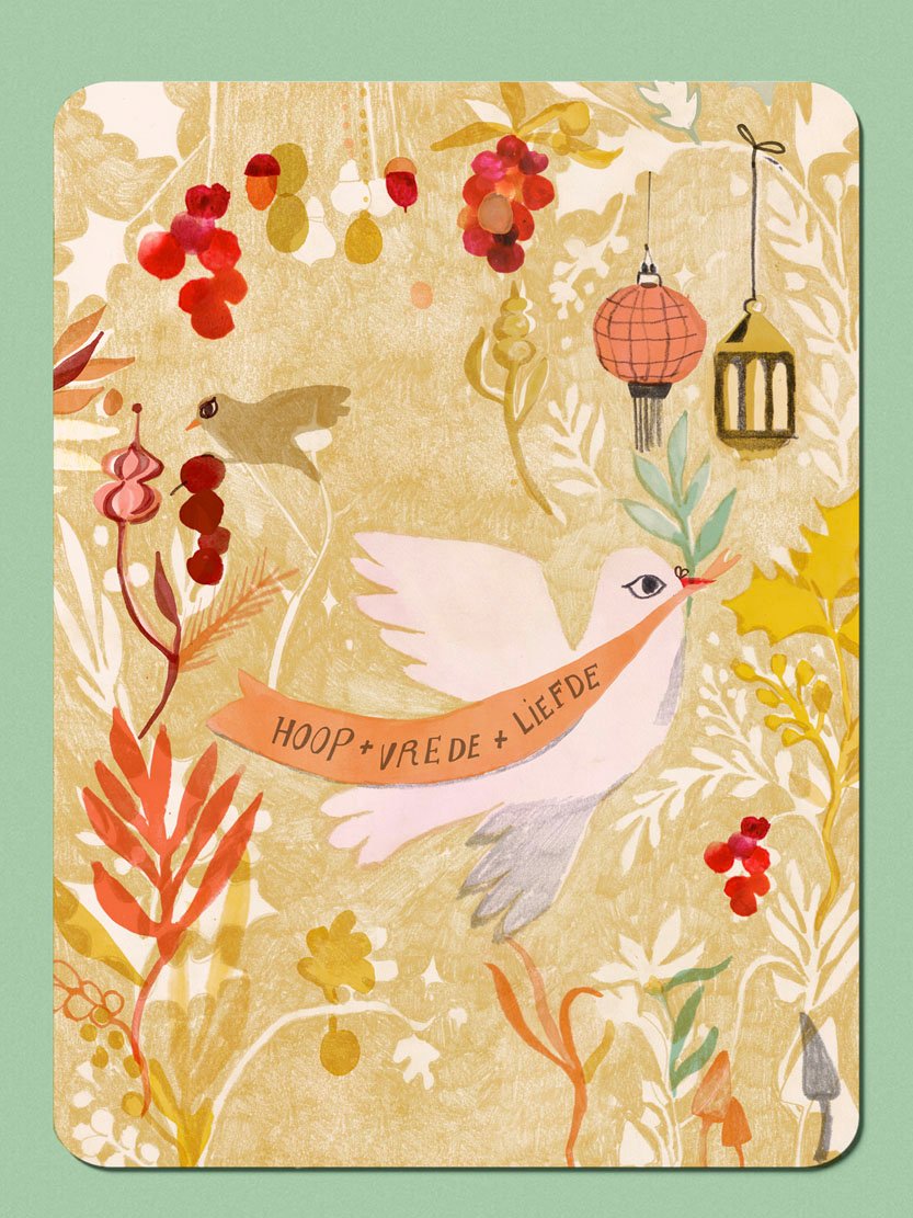 Kerstkaart met witte duif en olijftak, duurzame illustratie