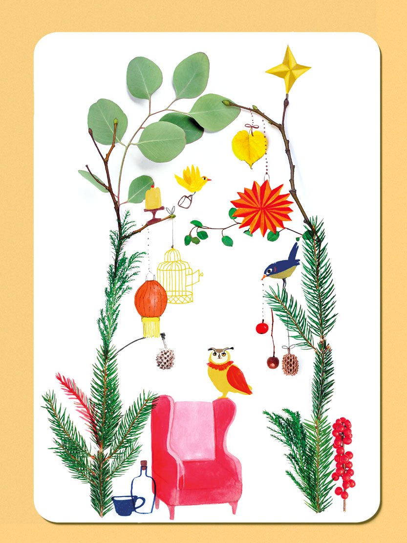 Kerstkaart met natuurlijk kersthuisje – originele illustratie
