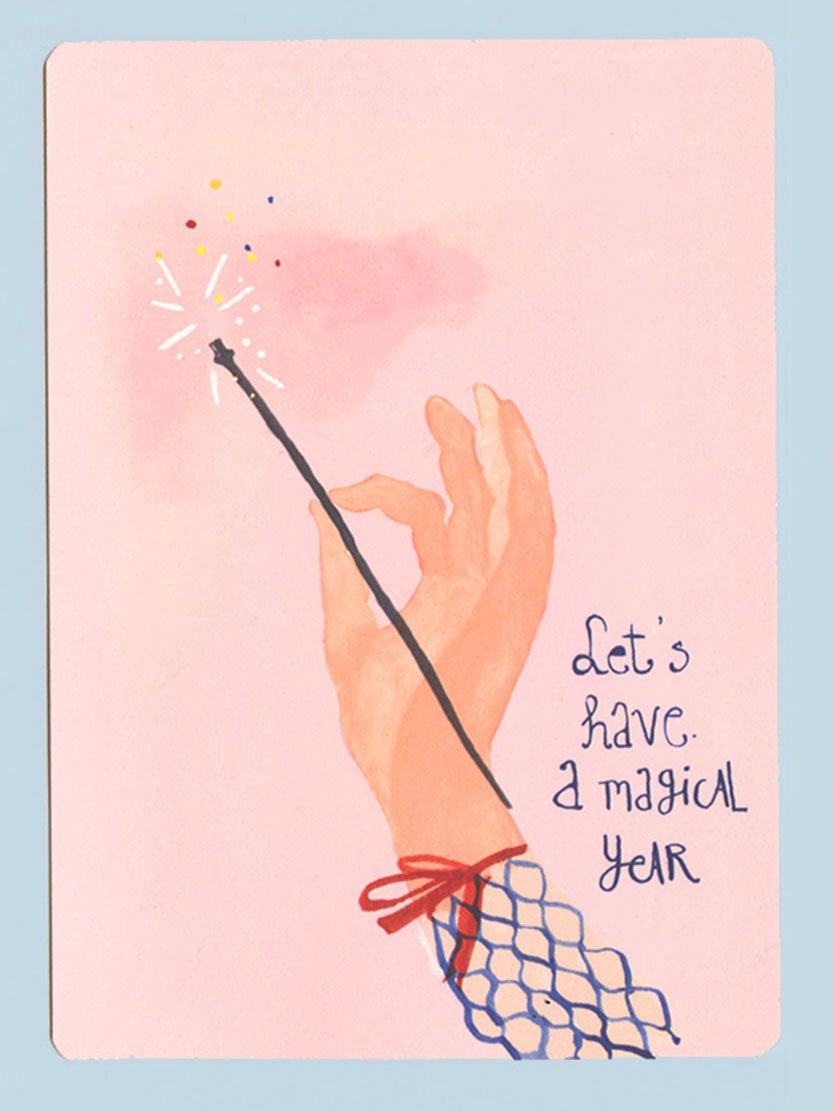 Nieuwjaarskaart met hand en toverstaf, tekst Let’s have a magical year – illustratie