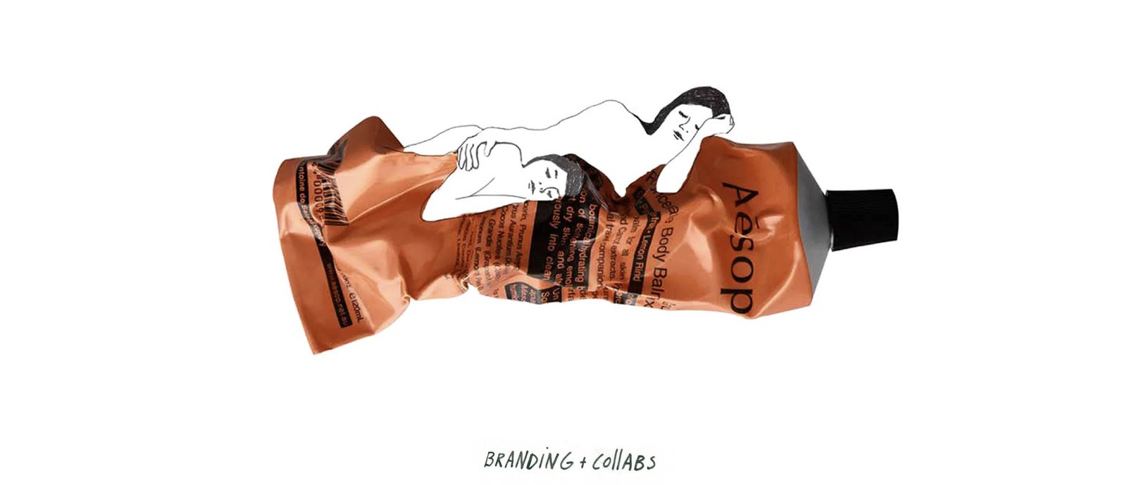 llustration of two reclining figures drawn over a crumpled Aesop body balm tube, combining line drawing and photography in a poetic, conceptual branding artwork by Claudi Kessels.