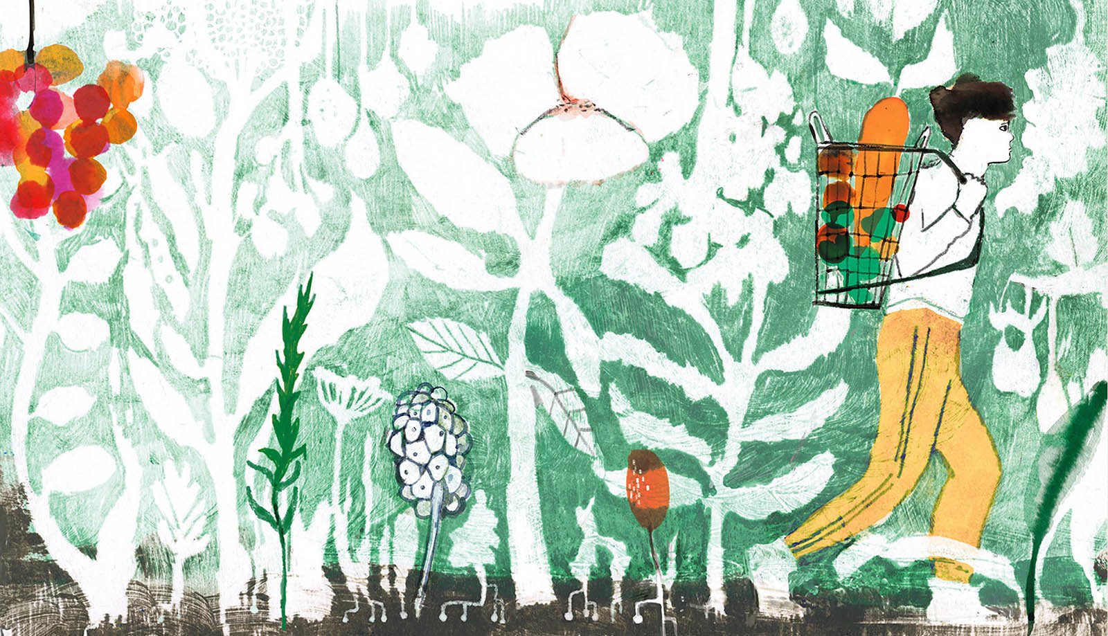 Editorial illustration by Claudi Kessels of a Gen Z man carrying a basket, navigating scarcity and finding new possibilities.