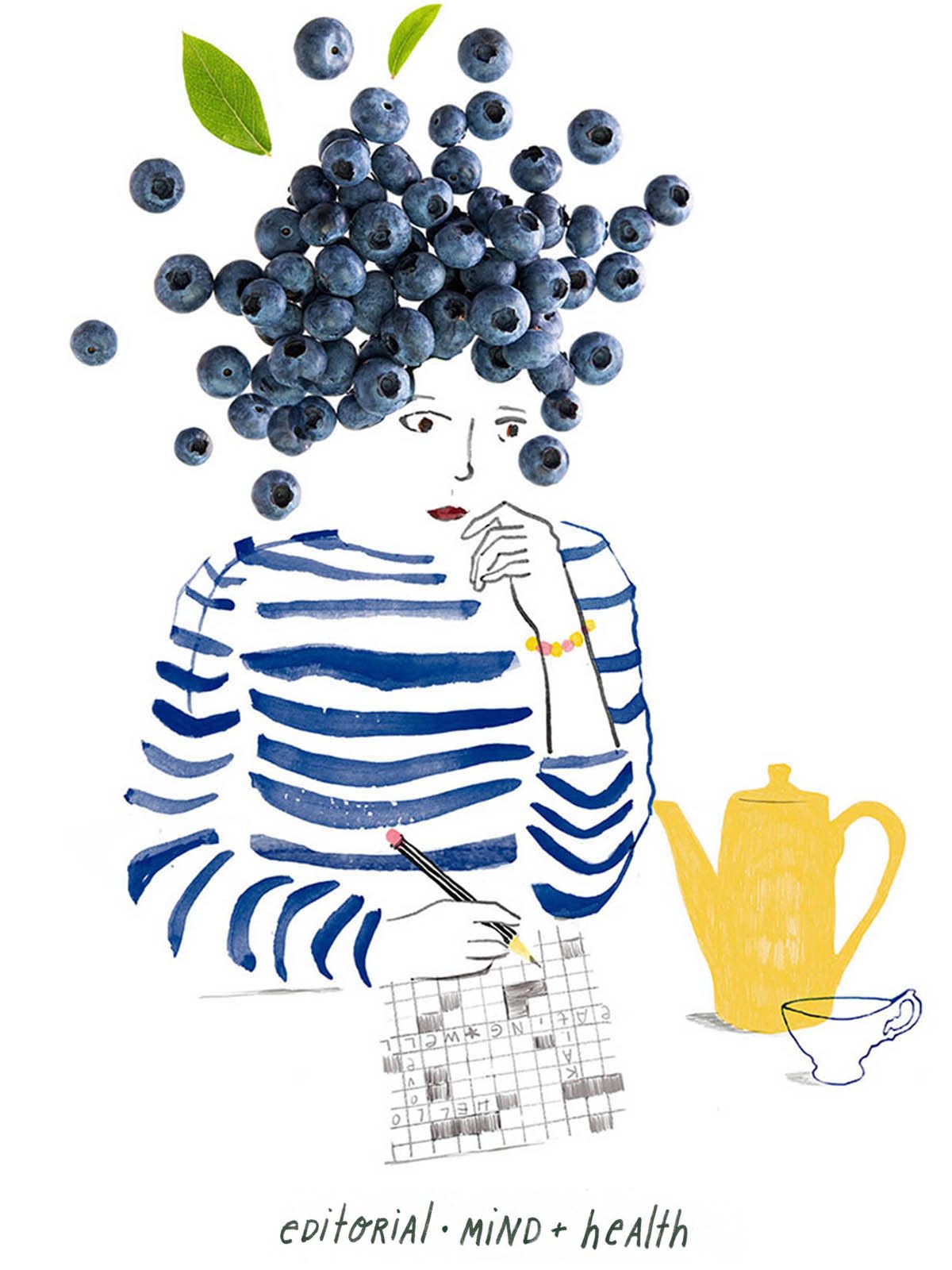 Illustration of a woman with blueberries as hair, writing a crossword, exploring superfoods and brain health.