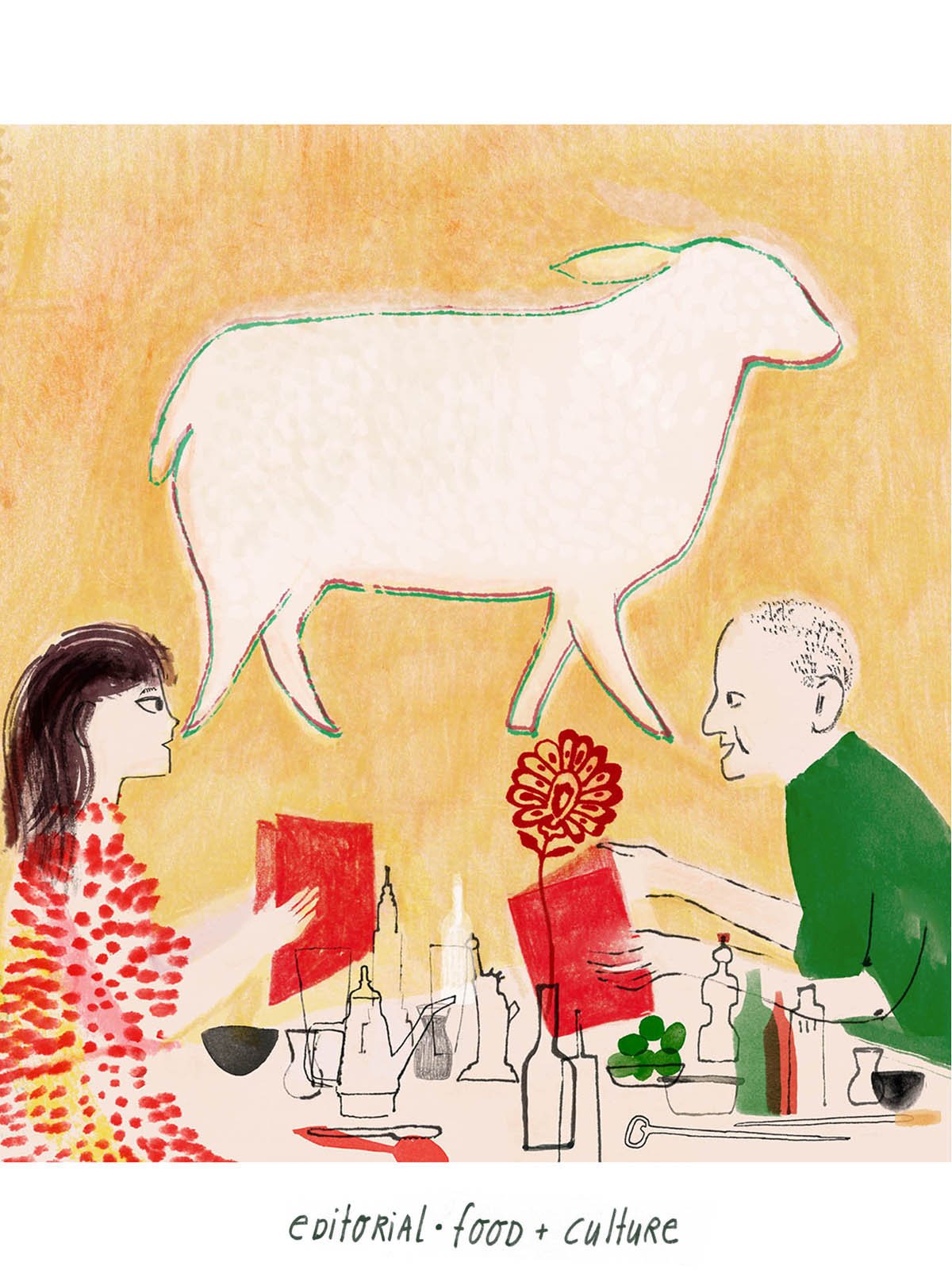 Illustration of two people dining beneath a lamb silhouette, symbolizing shared food memories and culture.