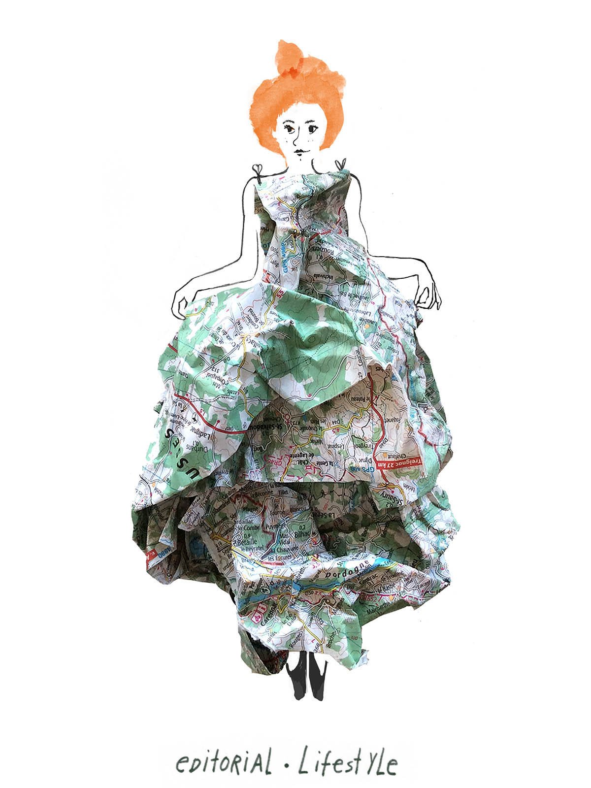 Illustration of a woman wearing a dress made from a crumpled map, representing mindful travel and exploration