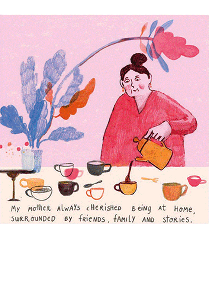 Illustration of a woman pouring tea, with hand-drawn text about family and memory, from a personal dementia comic