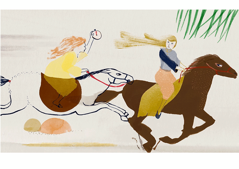 an editorial gif with two horseback riders racing, the one behind catches up, showing the stopwatch