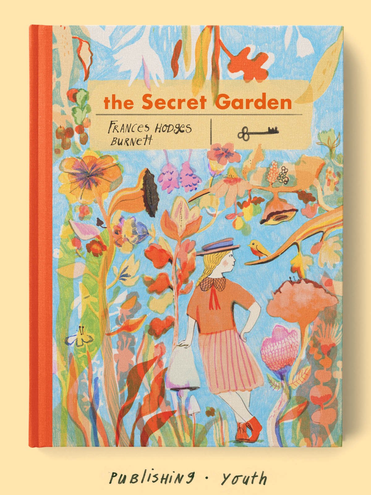 Illustrated book cover of The Secret Garden showing a young girl surrounded by colorful flowers and dreamlike foliage.