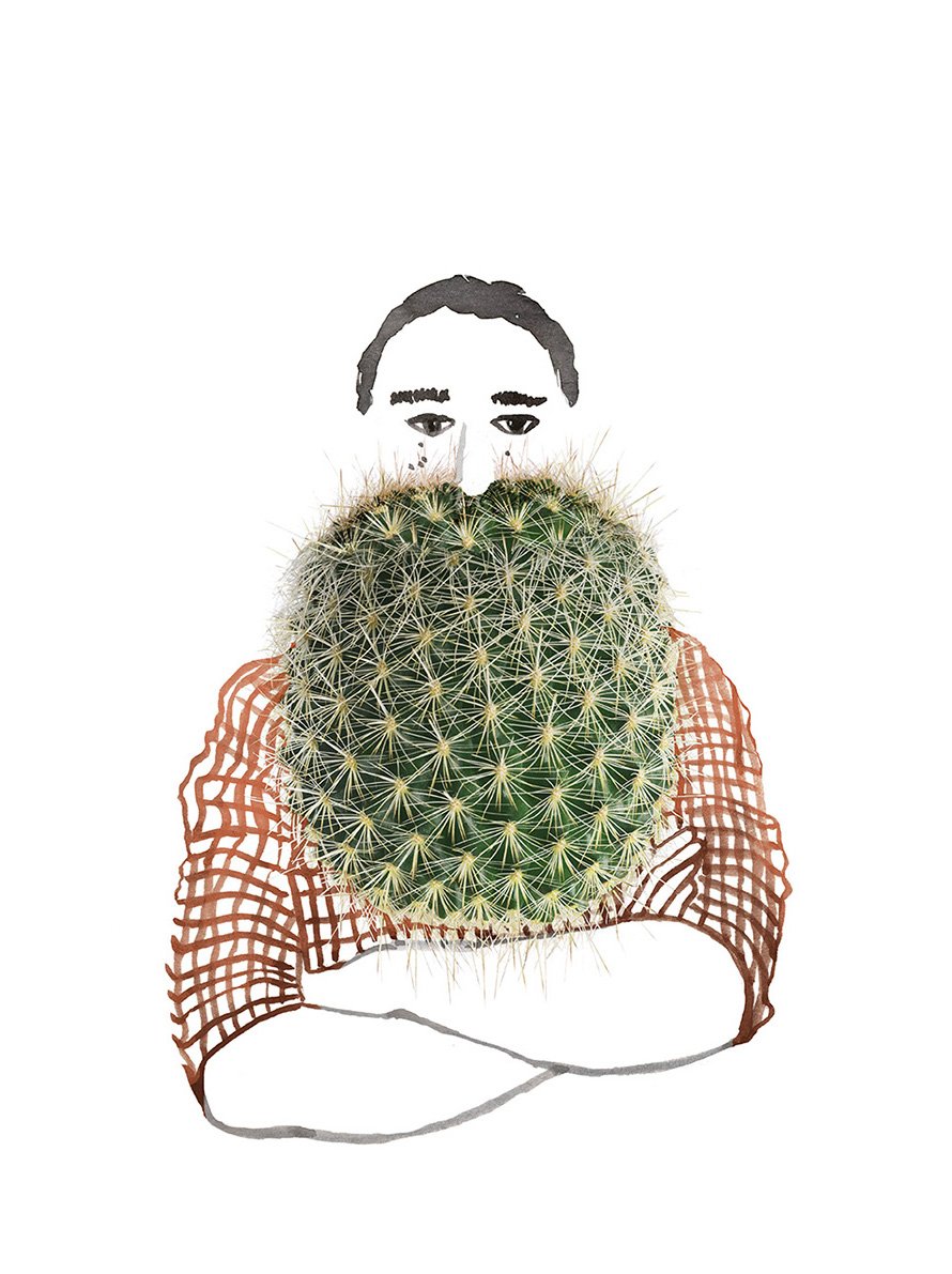 Illustration of a person with a round cactus used as a beard, combining drawing and collage.