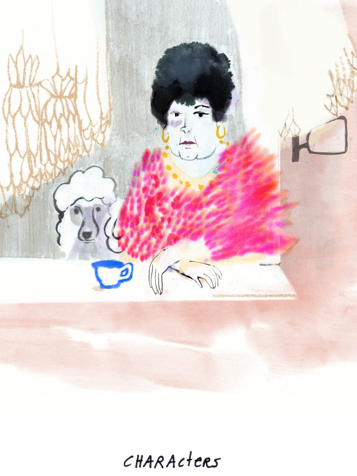 a lady with poodle looking out her window, Amsterdam scene
