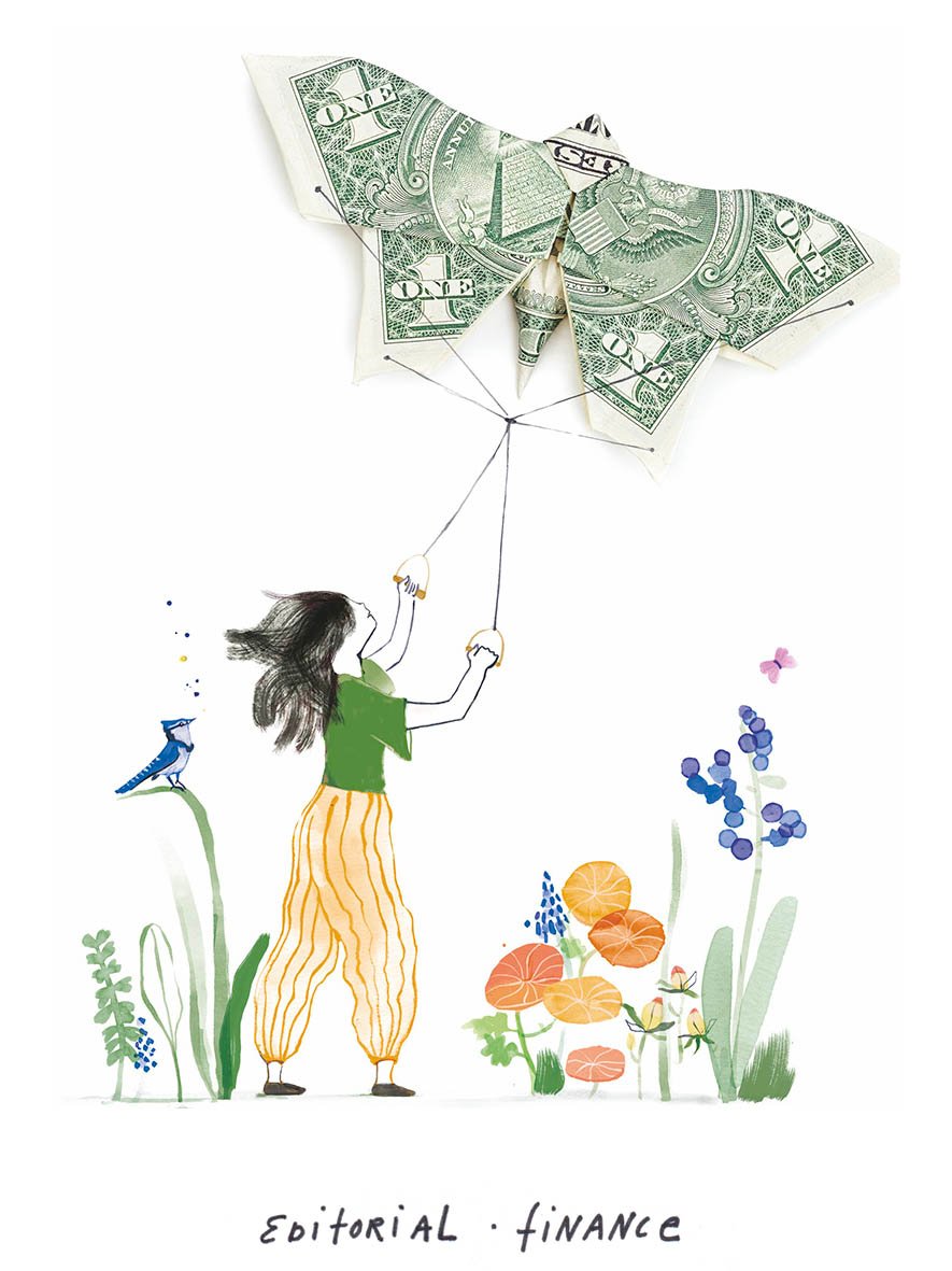 girl with a dollar bill butterfly kite flying