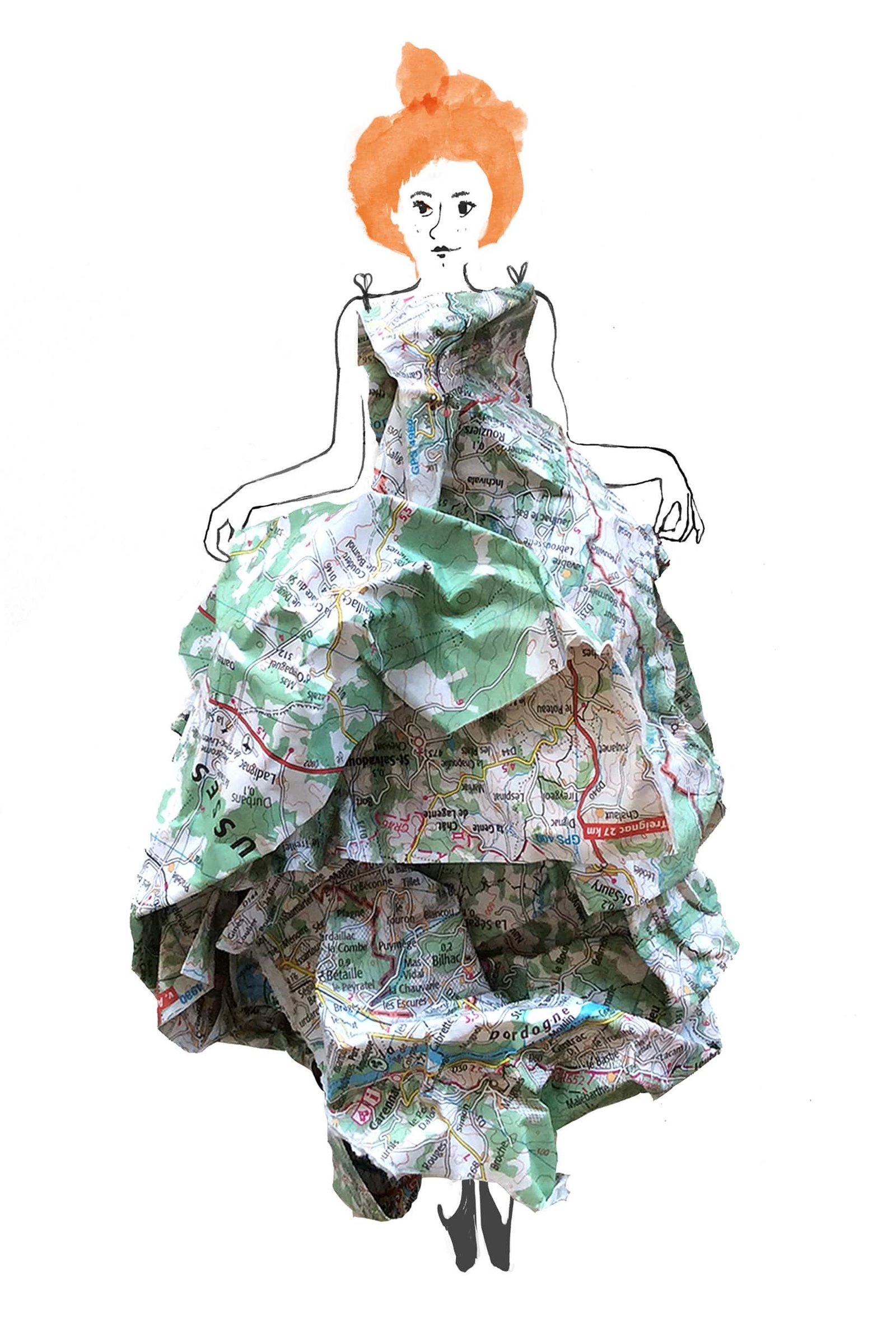 lady with a crumpled map as dress