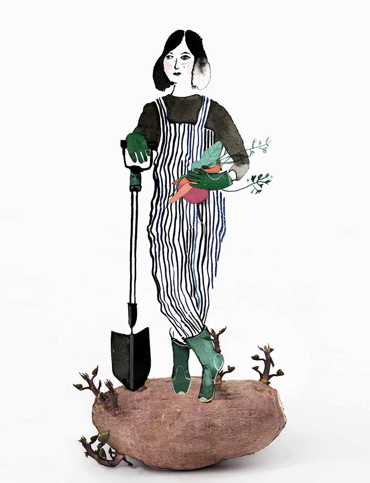 A woman gardener stands on top of a sprouting potato, holding a shovel and freshly picked vegetables