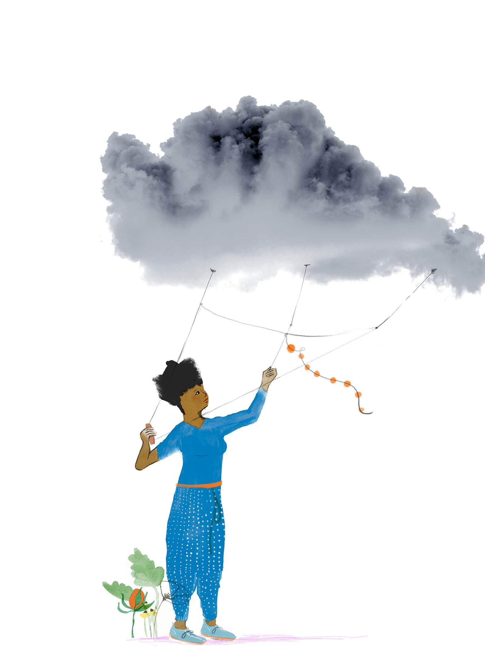 a girl kite flying a dark cloud, managing negative thoughts