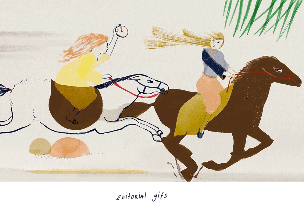 two women horsebackriding, one woman shows a running clock.