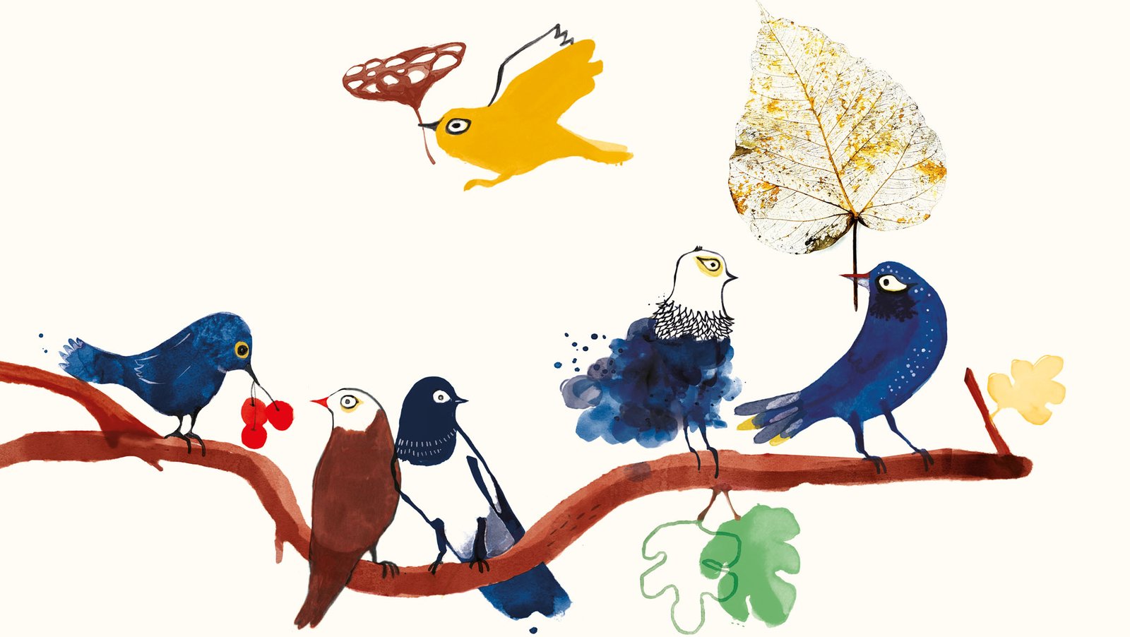 illustrations depicting different birds, one carrying a skeleton leaf, like a speech ballon, sharing bad news. 