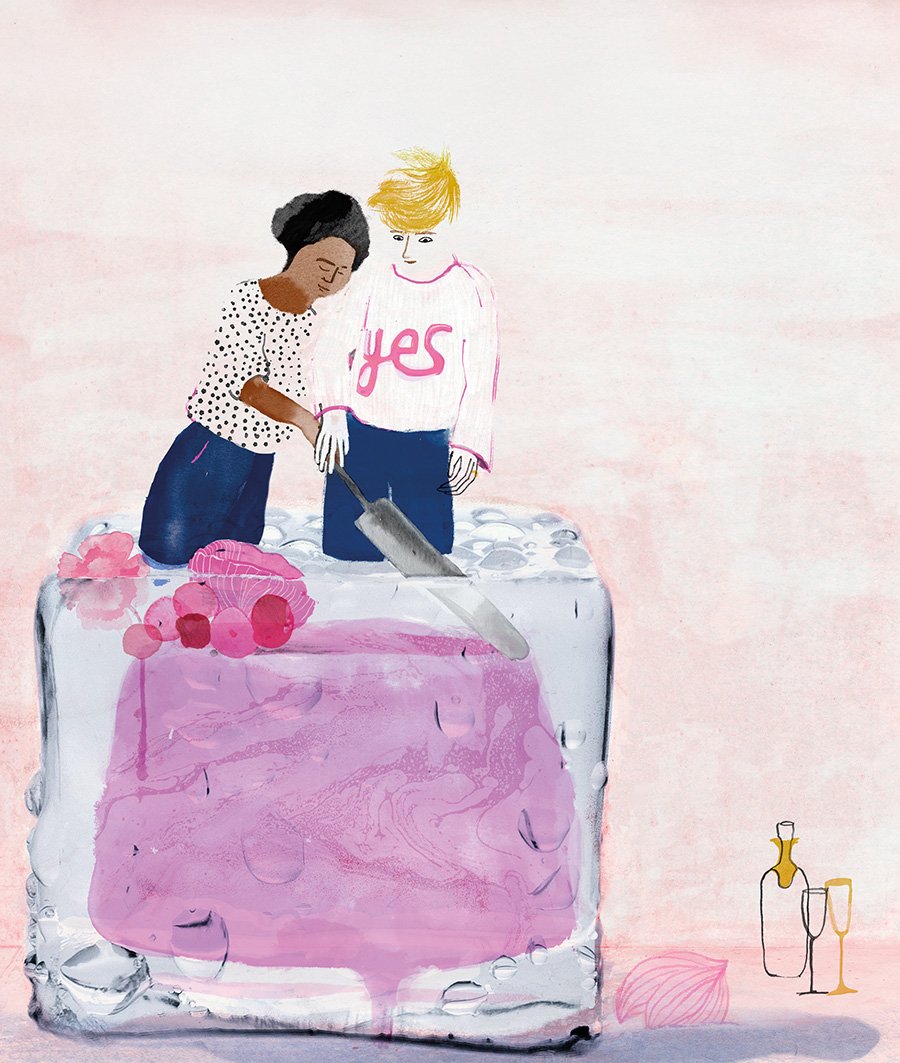 a couple like cake toppers sharing the frozen weddingcake