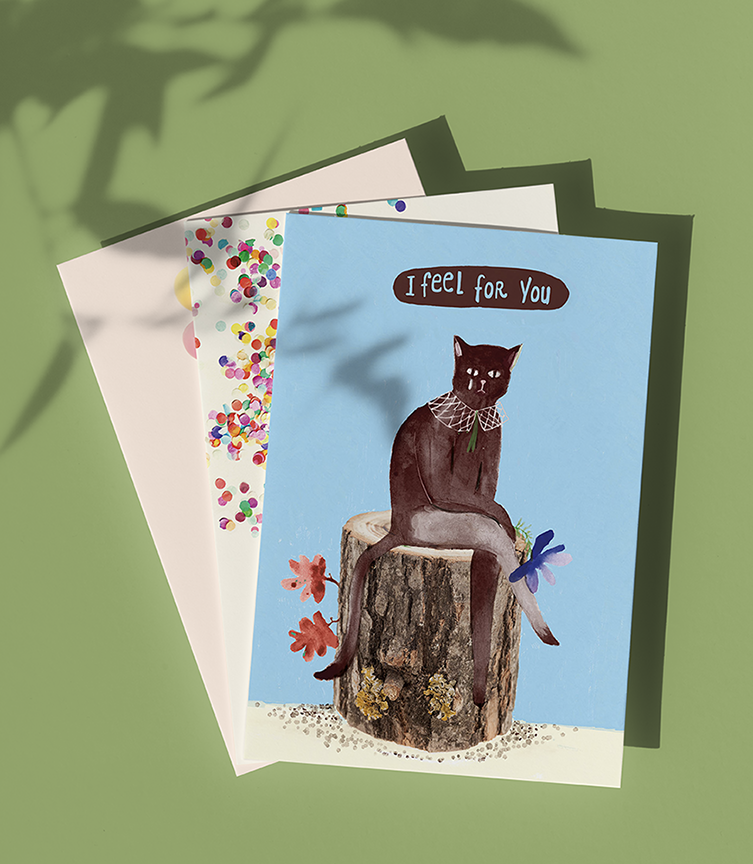 a painting of a sad cat sitting on a tree trunk