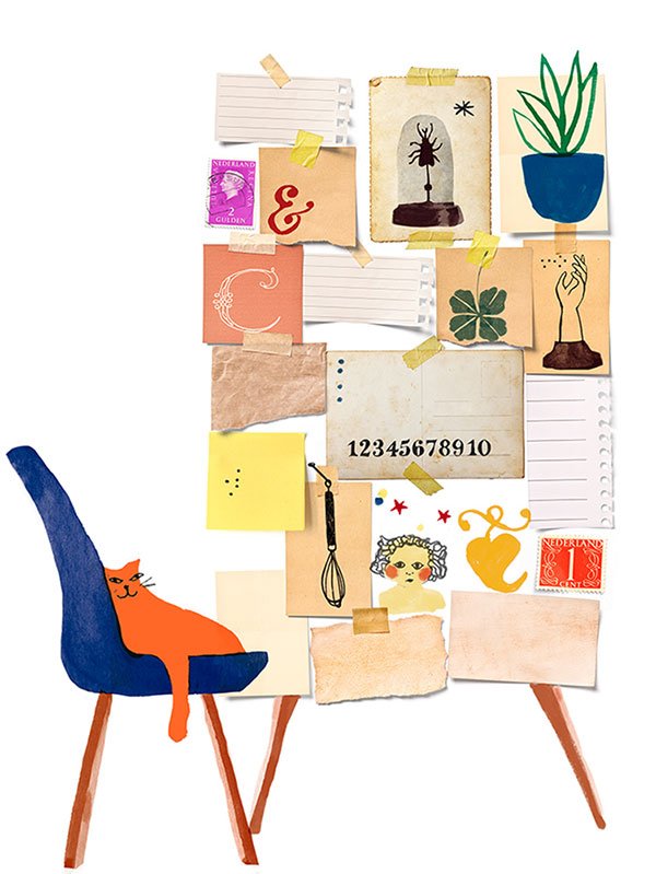 a lazy cat in front of a cupboard made of scraps of papers