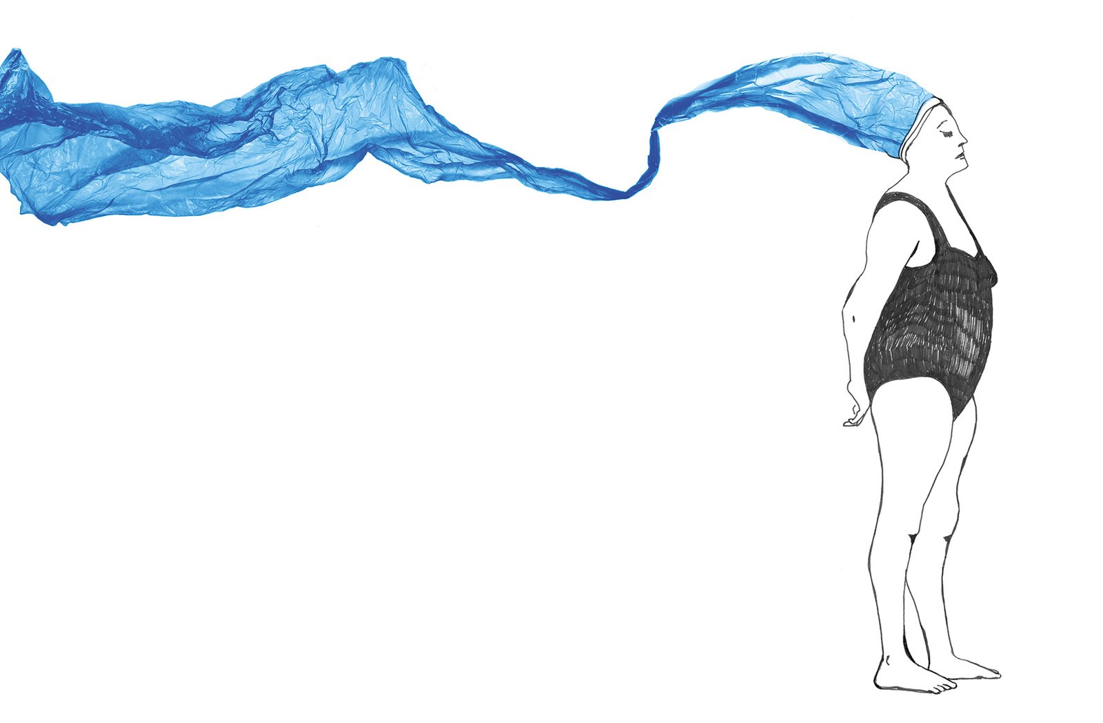 vrouw in badpak met plastic tas als haar, golven