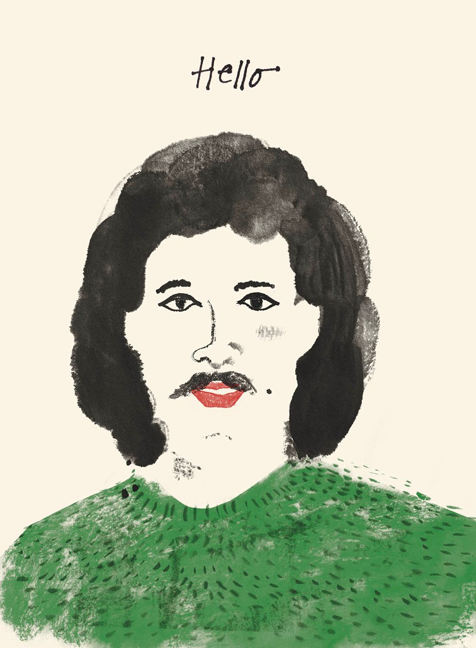 Hand-drawn portrait inspired by Lionel Richie’s ‘Hello’, with dark hair, moustache and red lips.