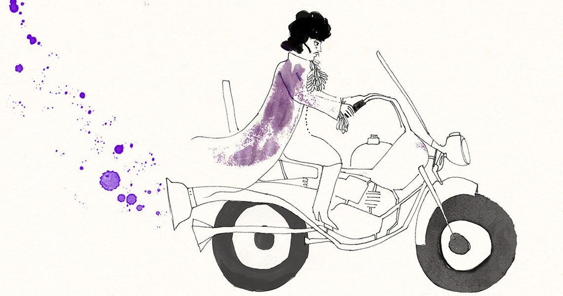 Stylized illustration inspired by Prince, riding a motorcycle with flowing purple paint and expressive lines.