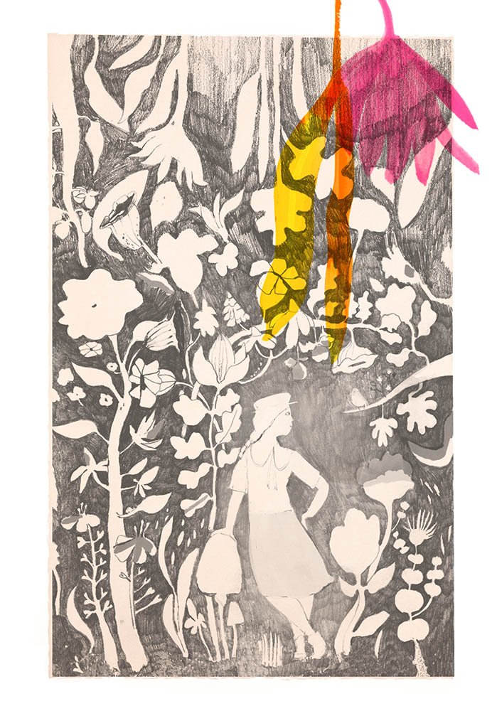 process drawing of cover illustration, pencil sketch of girl in garden