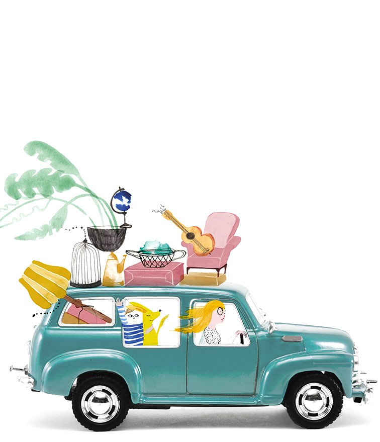 car with woman behind the wheel, packed with chair, houseplants etc