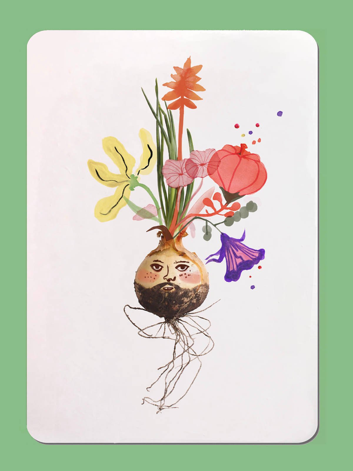 Illustratiekaart met een bloembol met gezicht waar bloemen uit groeien. / Illustrated greeting card of a flower bulb with a face and flowers growing from it.