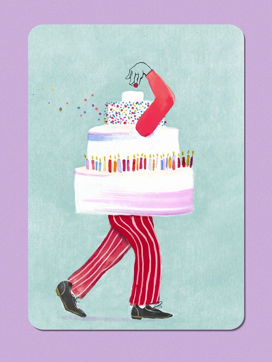 Illustratie van een taart figuur met benen die loopt en een kers op de taart legt.