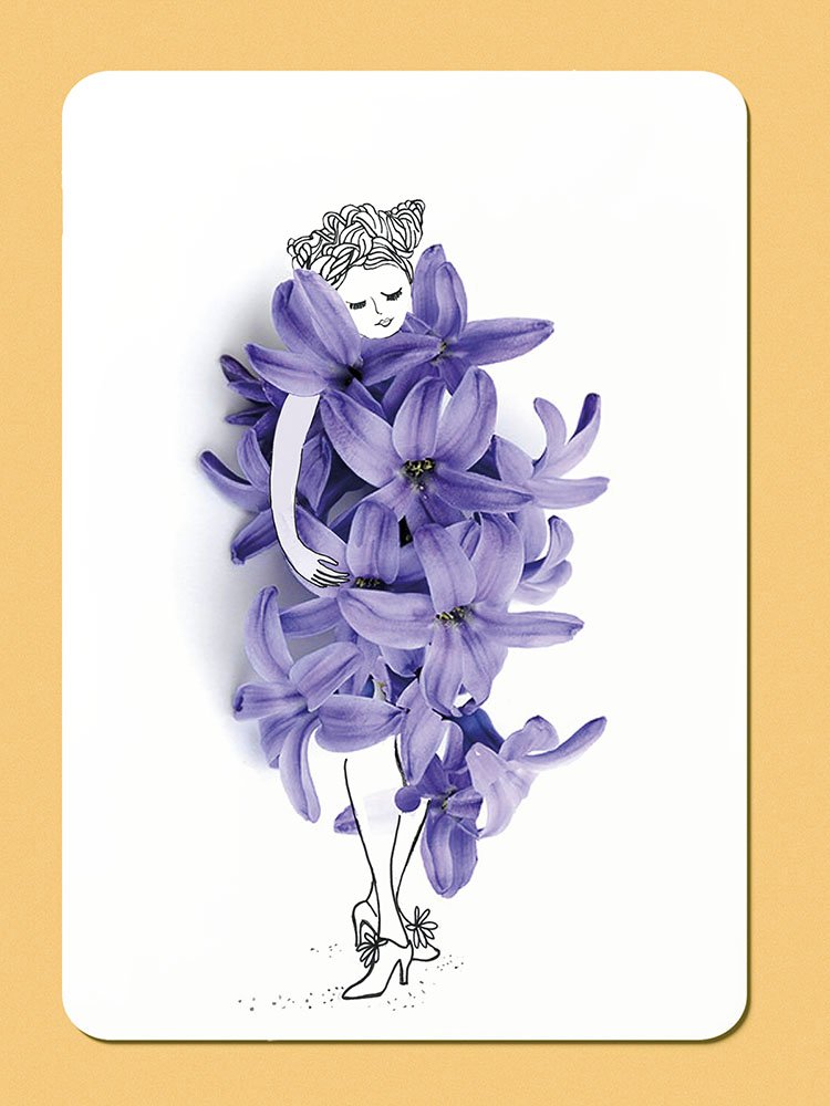 Illustrated greeting card of a woman wearing a dress made of purple hyacinth flowers, Illustratiekaart van een vrouw met een jurk van paarse hyacintbloemen