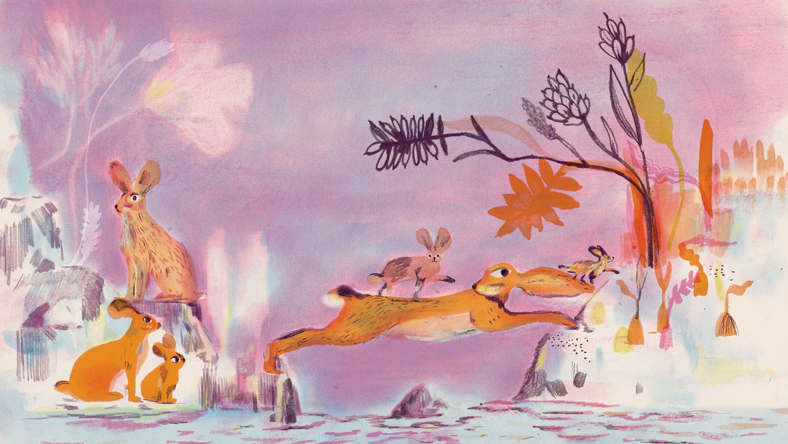 pastel and watercolour illustration of hare making a bridge in dreemy landscape