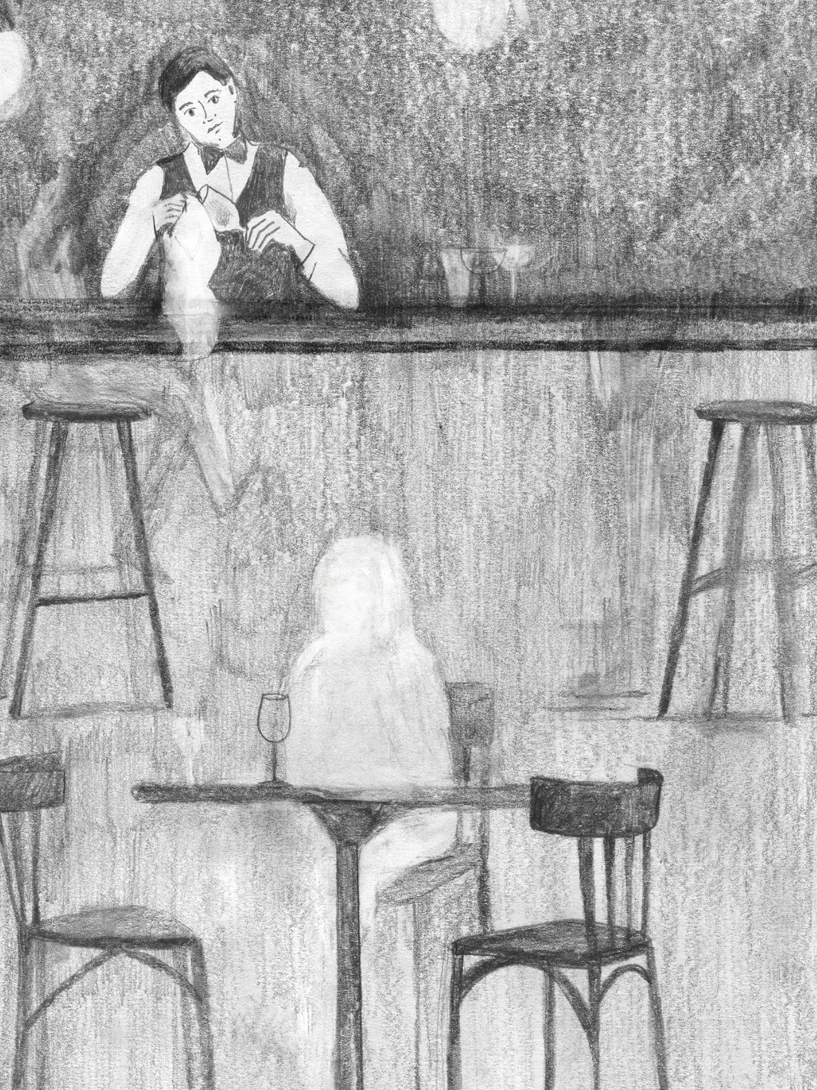 Black-and-white pencil illustration of an empty bar interior with a solitary, ghost-like figure sitting at a table and a bartender in the background.