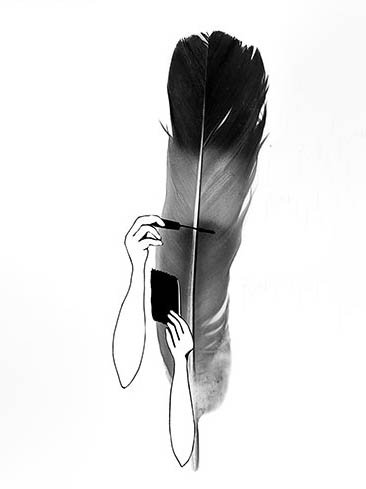 Black and white illustration of a feather that becomes a woman applying makeup.