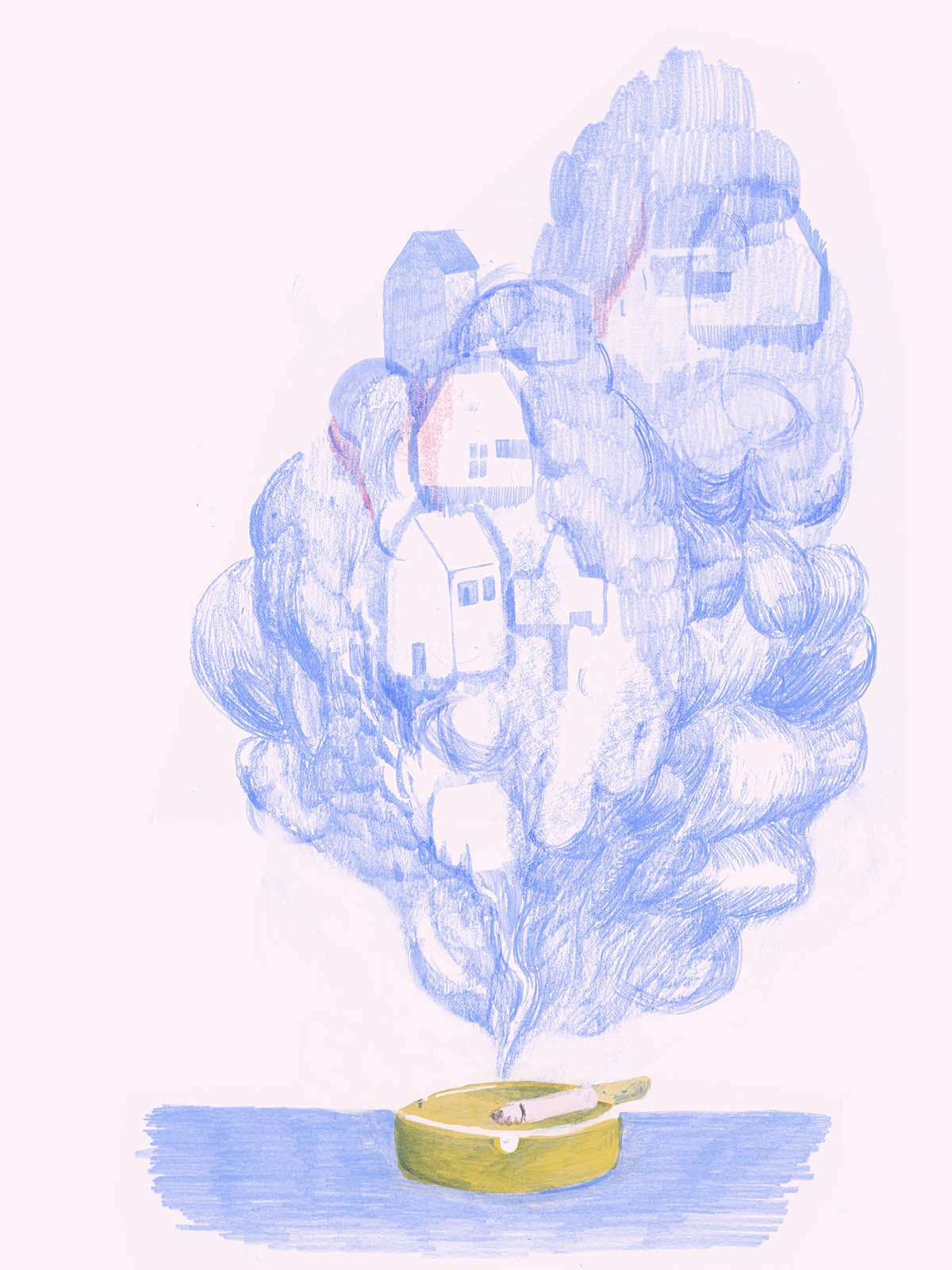 illustration of a cigarette in an ashtray, with blue smoke forming negative spaces of houses
