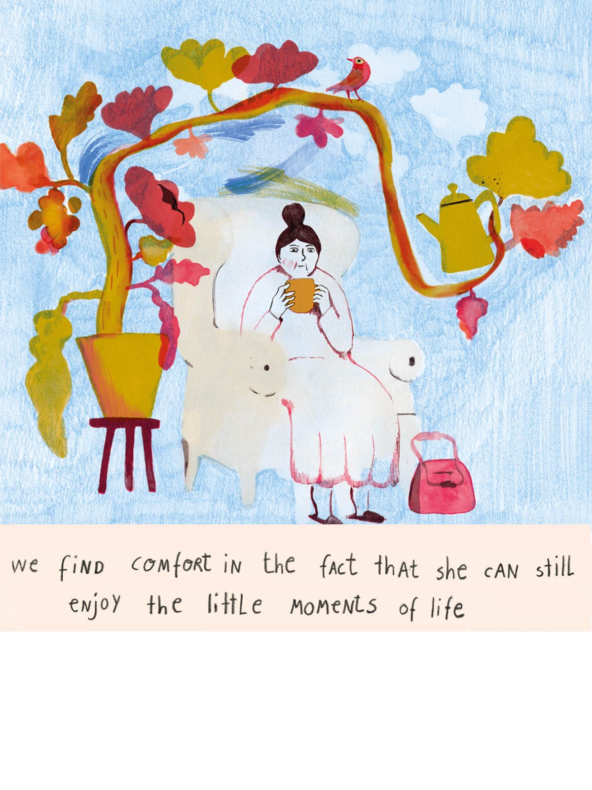 colourful pencil drawing of woman drinking coffee protected by plant