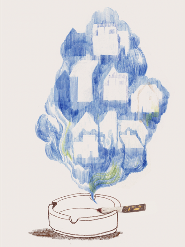 Editorial illustration about dementia and memory loss, cigarette smoke forming houses, conceptual book illustration
