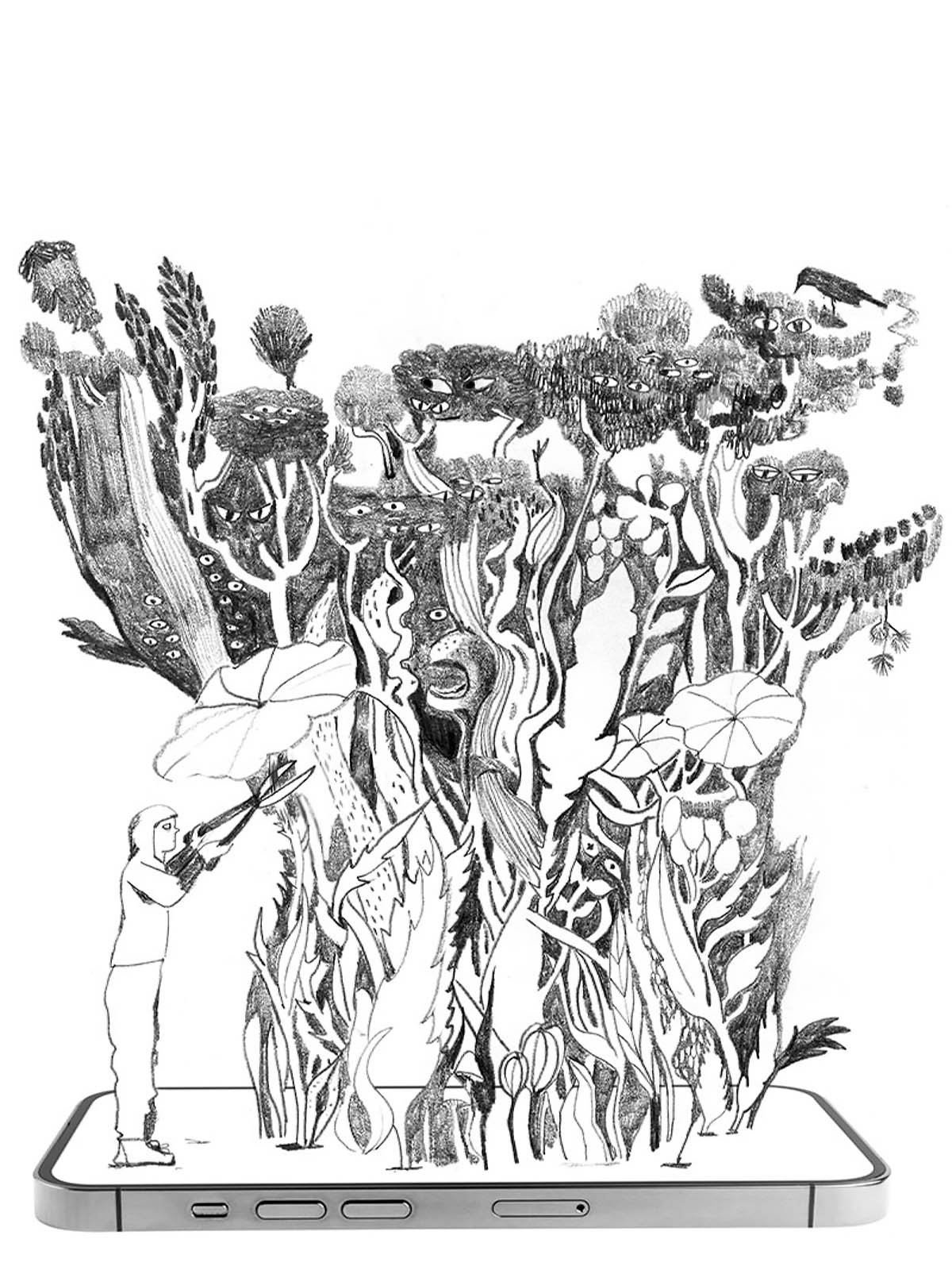 colourful pencil drawing of woman drinking coffee protected by plant