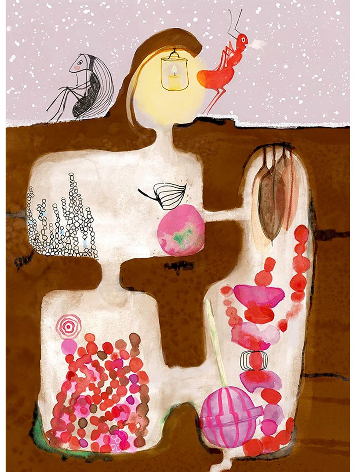 colourful pencil drawing of woman drinking coffee protected by plant