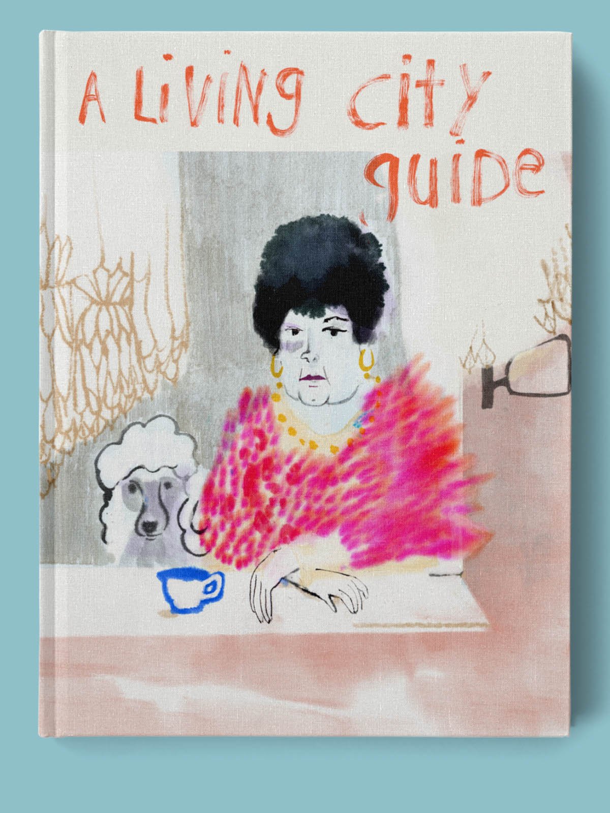 colourful pencil drawing of woman drinking coffee protected by plant