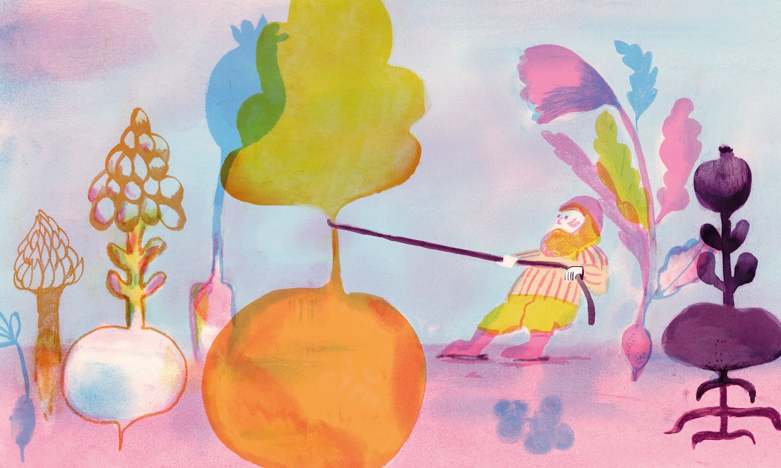 A small man pulling on a gigantic beet in a dreamy landscape