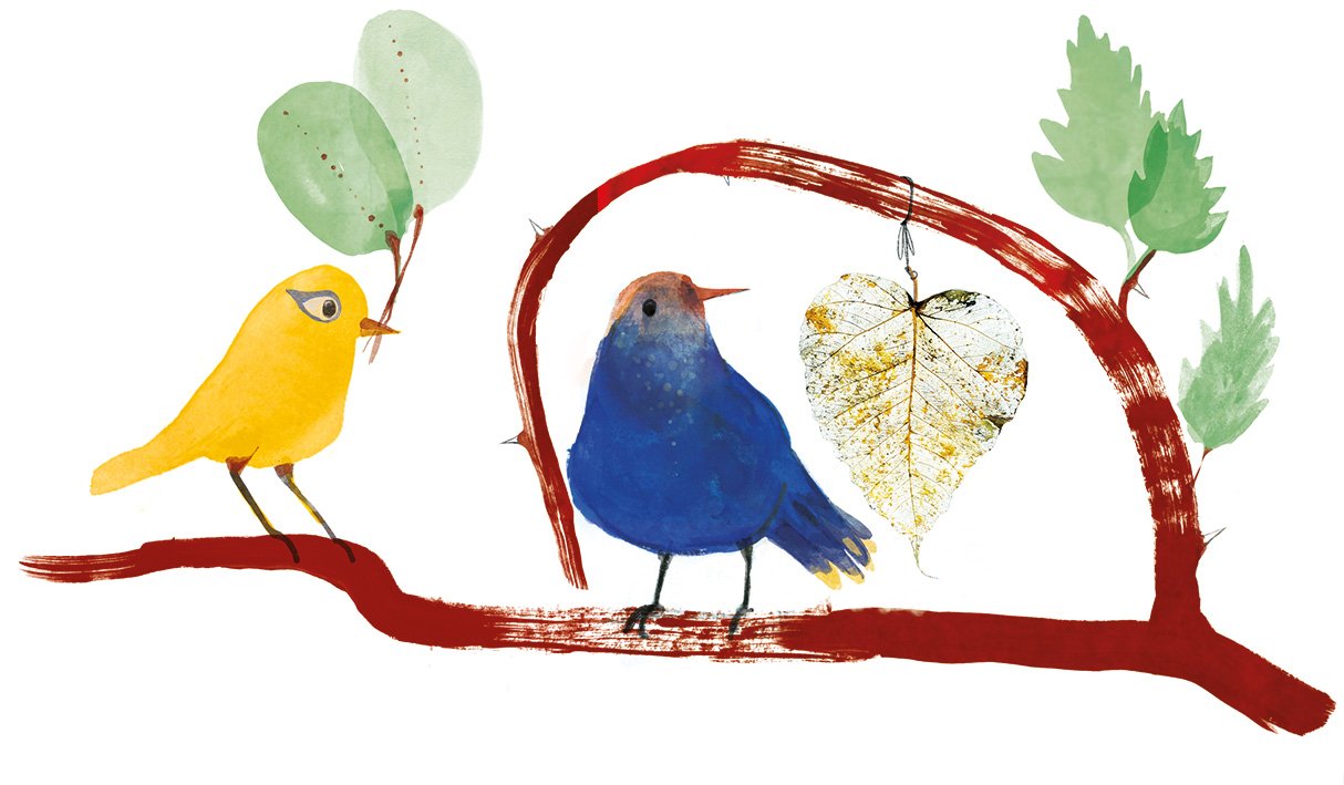 illustration of two birds, one bird shielded by a branch 