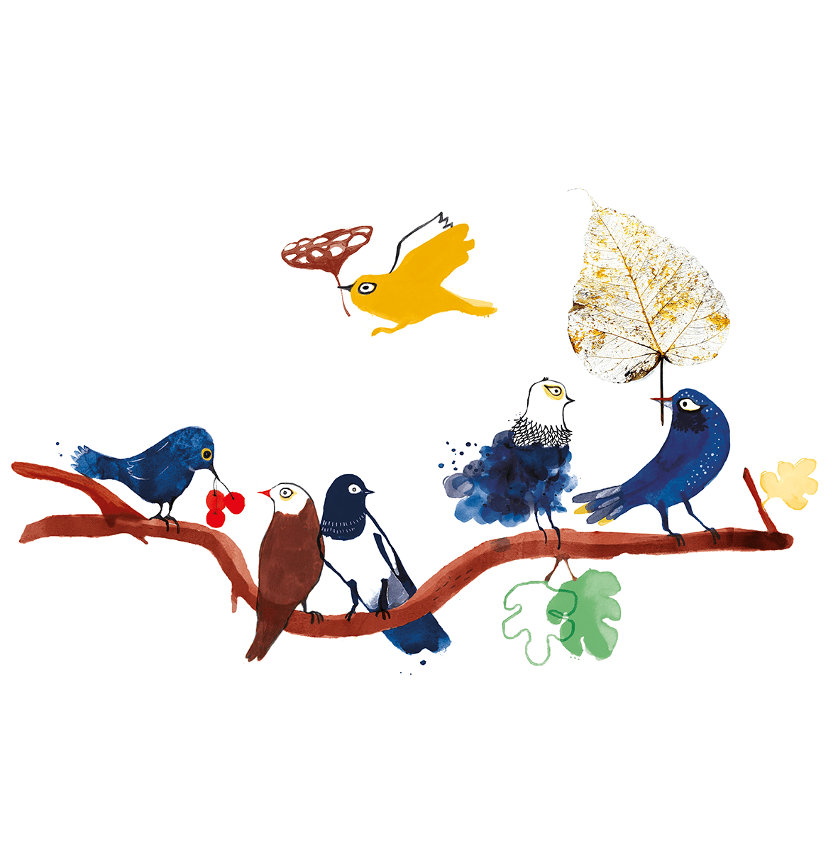 illustration of birds on a branch, one holding a skeleton leave