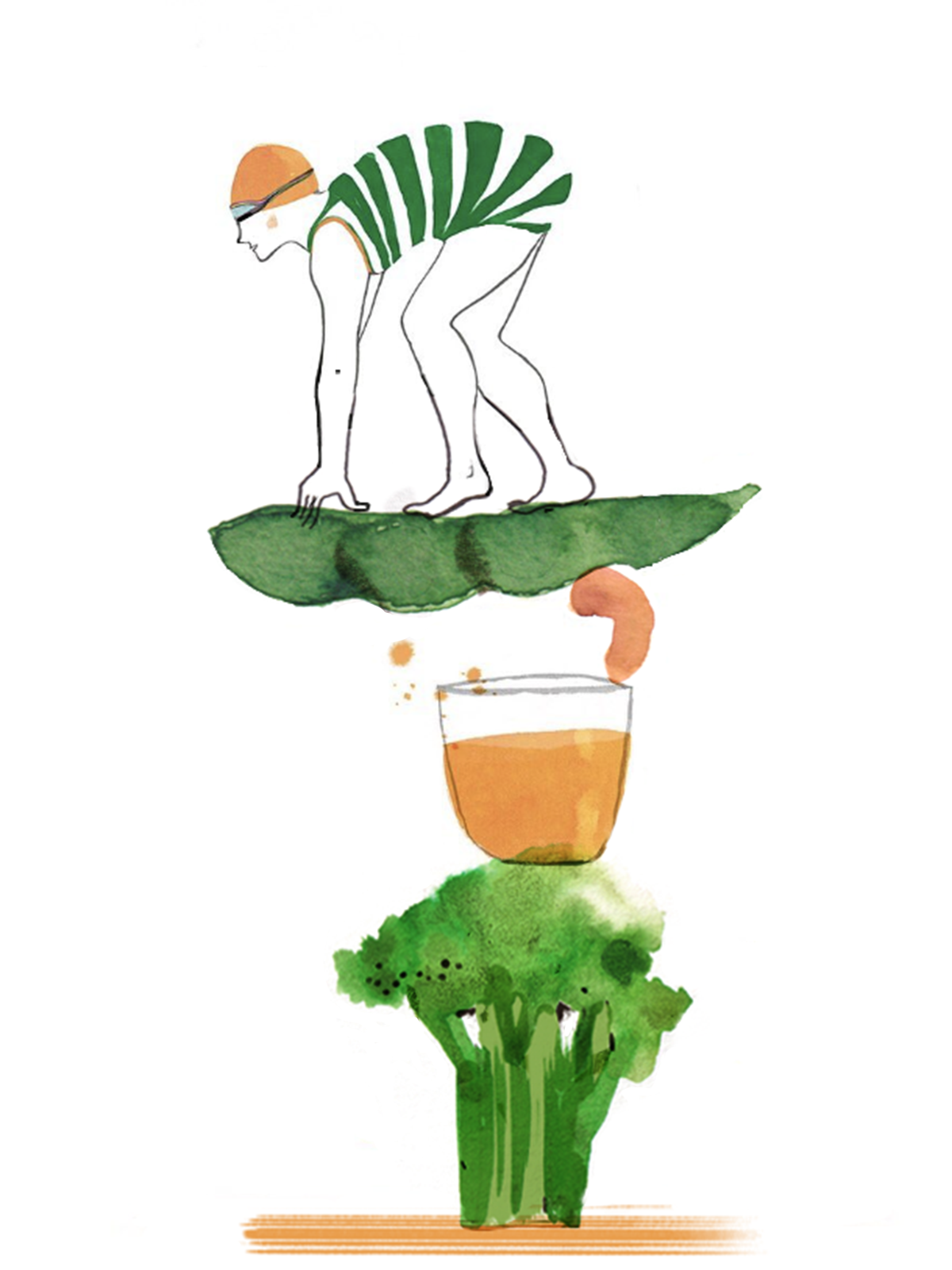 Vertical composition with a diver in starting position, balancing on a pea pod above a glass of juice and broccoli — handmade in ink and watercolour."