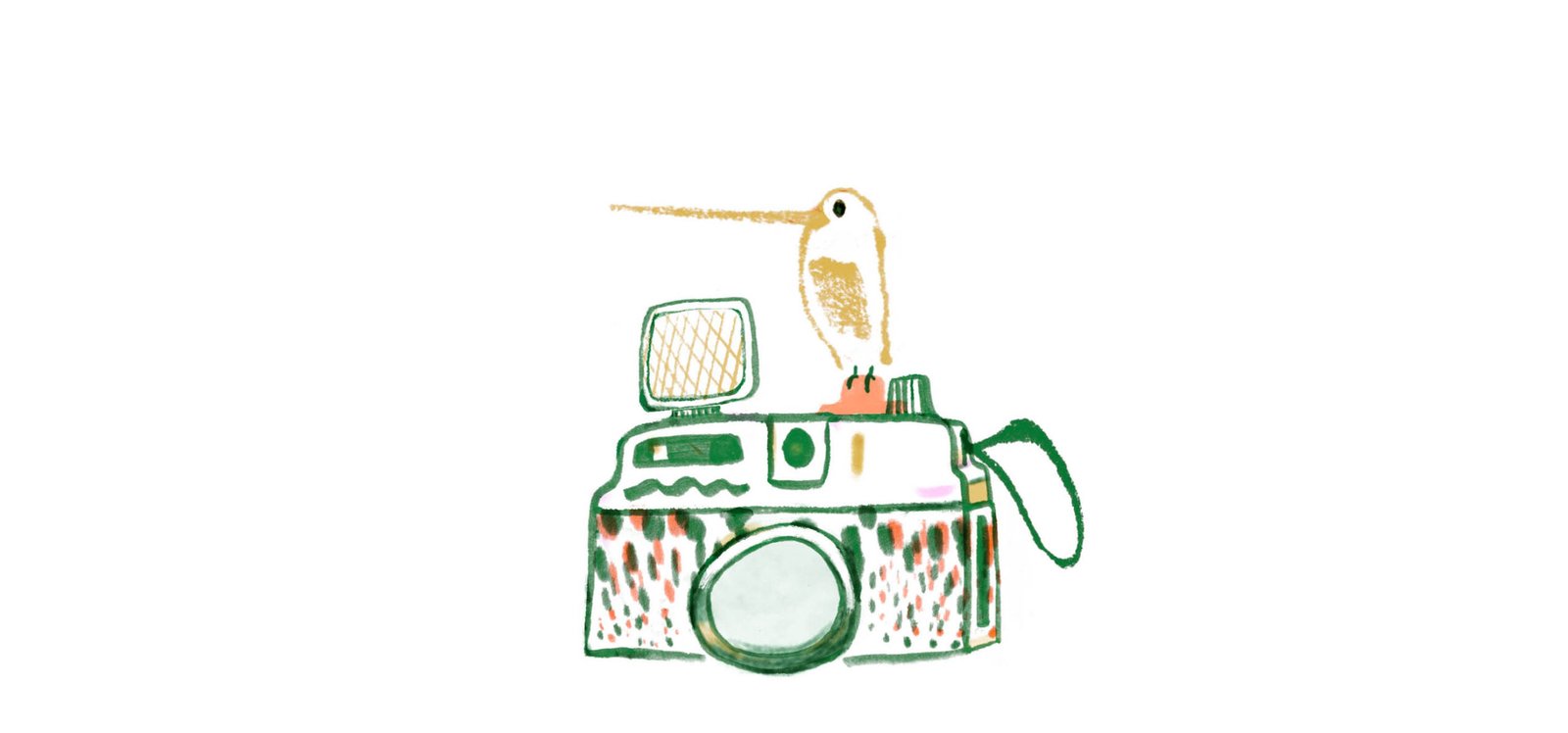 an illustration of analogue camera with bird on top.