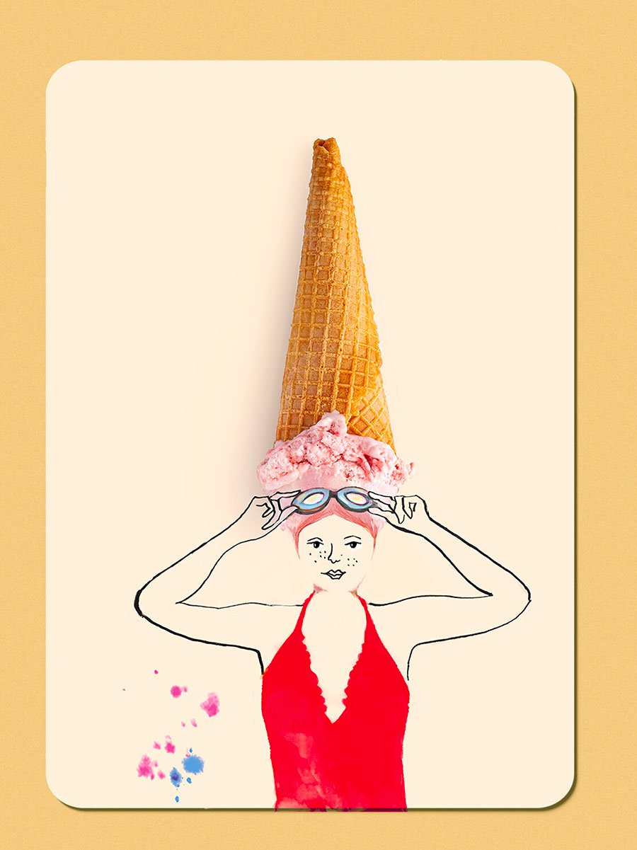 Illustratie van een vrouw met een ijsje als hoed, een rood badpak en een zwembril.