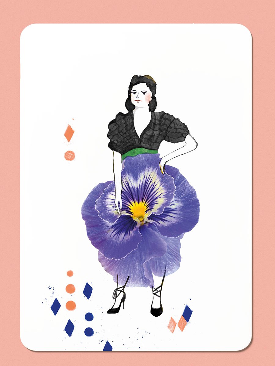 Illustratie van een vrouw met een rok van een paars viooltje.