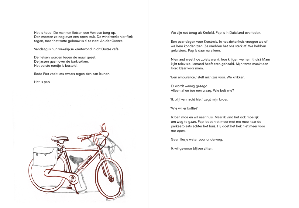 Book spread with text and a drawing of Dad’s bicycle.