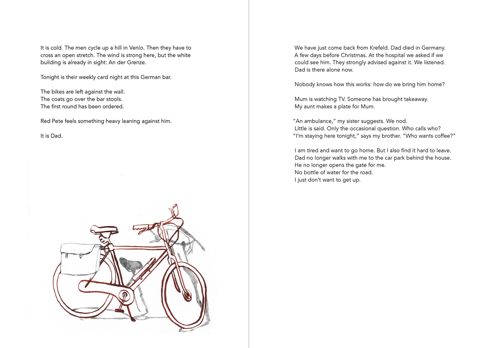 Book spread with text and a drawing of Dad’s bicycle.