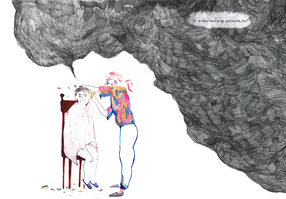 Illustration from Does She Still Know Who You Are?: the daughter cutting Mum’s hair beneath a dark graphite cloud.